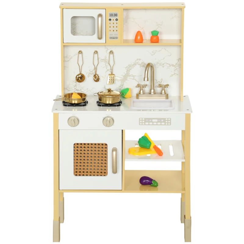 AIYAPLAY Cozinha de Brincar em Madeira com Som Acessórios em Aço Inoxidável Micro-Ondas Forno Lava-Loiças Legumes para Cortar 55x24x96 cm Dourado