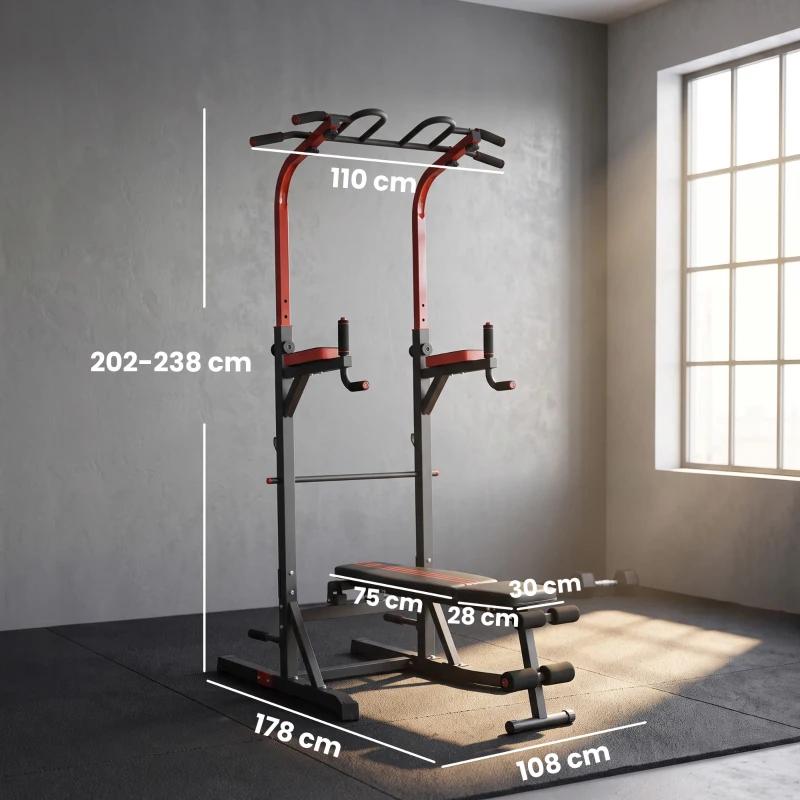 HOMCOM Power Tower Stazione per Allenamento Pieghevole e Multiuso con Barra Trazioni e Sedia Romana, 108x178x202-238cm