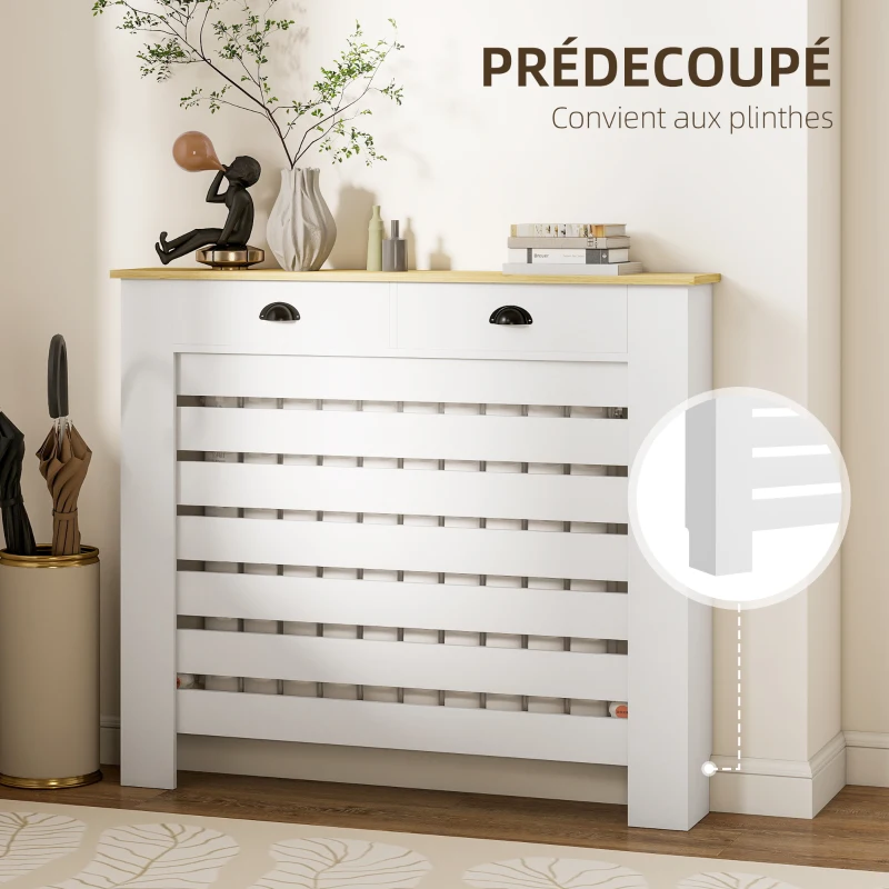 HOMCOM Couvercle de radiateur cache radiateur grille à lattes horizontales avec 2 tiroirs en bois 111l x 19P x 95,5H cm blanc