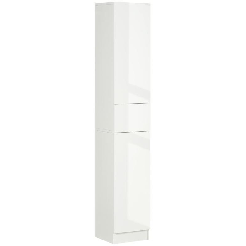 kleankin Meuble colonne rangement salle de bain style contemporain 2 placards 3 étagères et 1 tiroir coulissant panneaux particules brillant dim. 30l x 28P x 170H cm blanc laqué