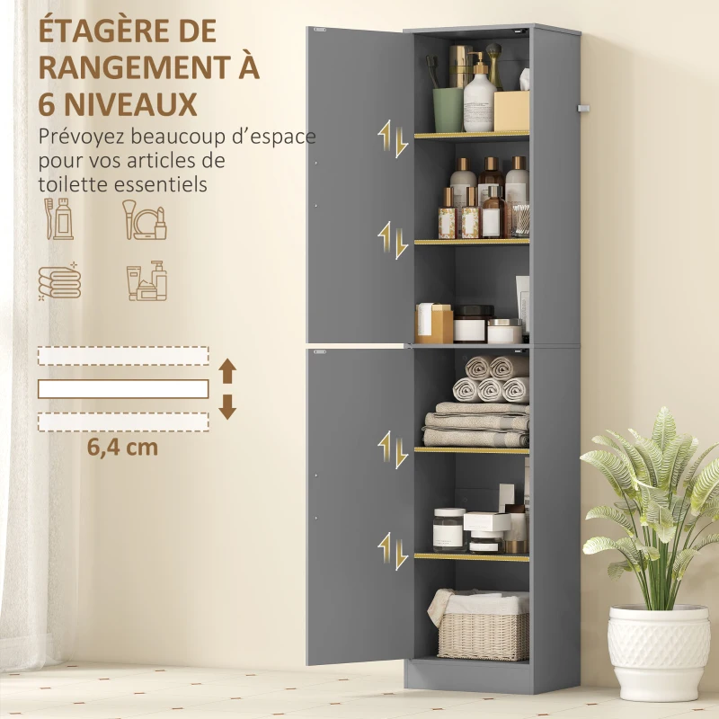 HOMCOM Meuble de salle de bain colonne avec 2 portes et 4 étagères réglables, 40 x 35 x 180 cm, gris