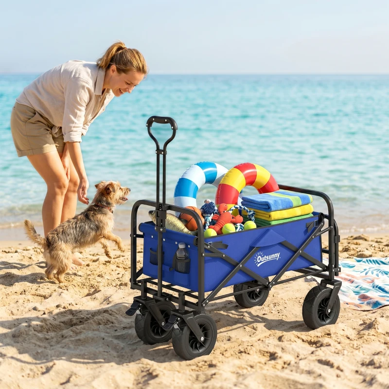 Outsunny Carro de Jardín Plegable con Longitud y Ángulo del Mango Ajustables y Bolsa de Transporte Carga 100 kg Azul Oscuro