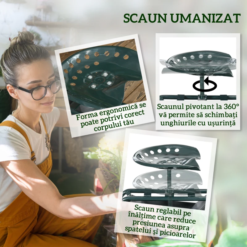 Outsunny Cărucior de grădină cu scaun reglabil și tavă inferioară, din oțel și PP, 83x36.5x45-60 cm, verde închis