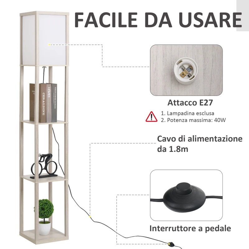HOMCOM Lampada da Terra Piantana 40W con 3 Scaffale, Attacco E27, Lampada da Pavimento Moderno con Paralume in Acrilico, Soggiorno, Salotto, Camera da Letto, Studio, Ufficio, 26x26x160cm, Rovere