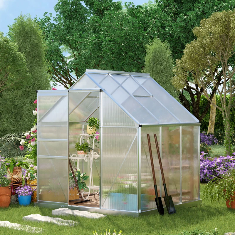 Outsunny Serre de jardin 3,6 m² en aluminium polycarbonate avec fondation, 190 x 190 x 200 cm, serre avec fenêtre réglable porte coulissante, abri extérieur résistant aux intempéries, argent