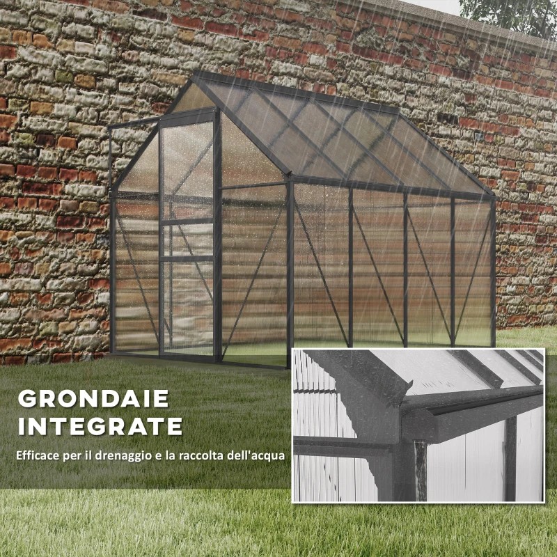 Outsunny Serra in Policarbonato e Alluminio con Finestra Apribile e Porta Scorrevole, 190x253x199 cm, Grigio Scuro