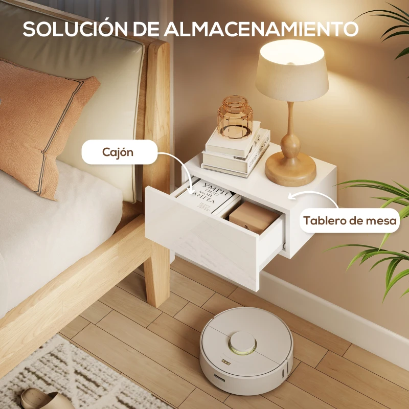 HOMCOM Juego de 2 Mesitas de Noche Flotantes con 1 Cajón Montado en la Pared Estilo Moderno para Dormitorio 40x30x15 cm Blanco