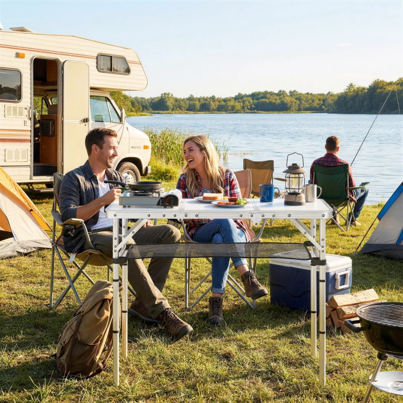 Outsunny 3ft Folding Camping Table, Picnic Table with Mesh Storage Layer, Carrying Bag and Metal Frame, Cream White
