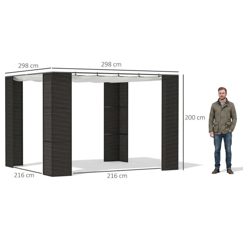 Outsunny Gazebo Pergola da Giardino 3x3m con Tenda Scorrevole, Struttura in Metallo e Rattan PE, Nero