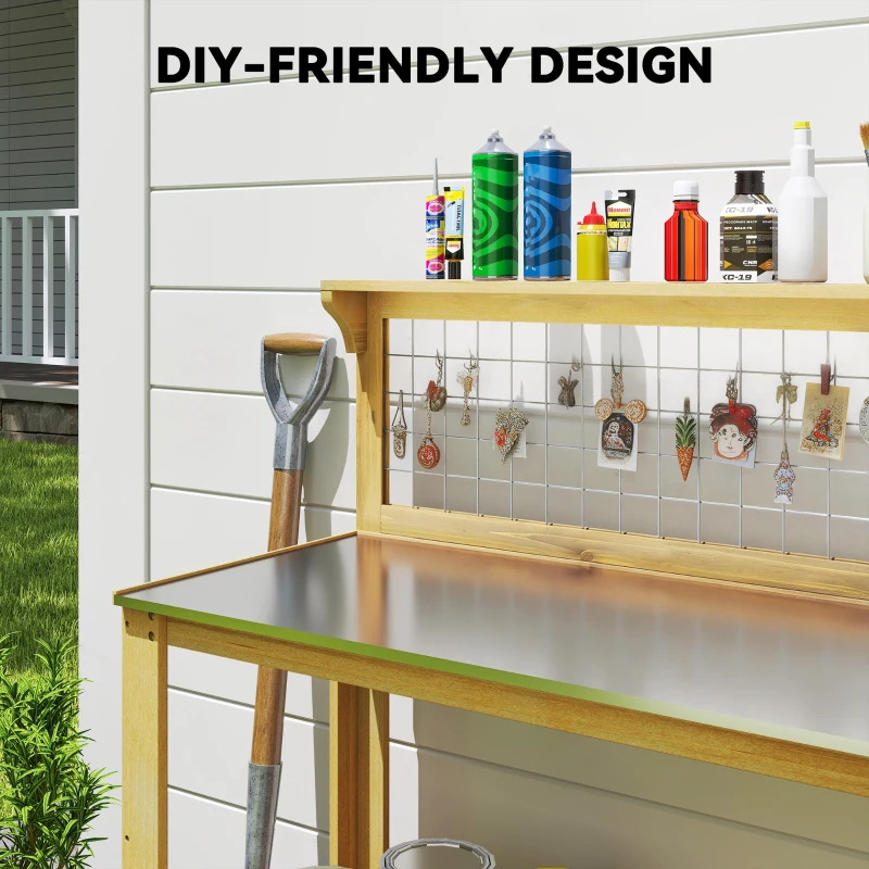 Outsunny Wooden Potting Bench Table with Aluminium Worktop, Outdoor Garden Workbench with 2 Shelves