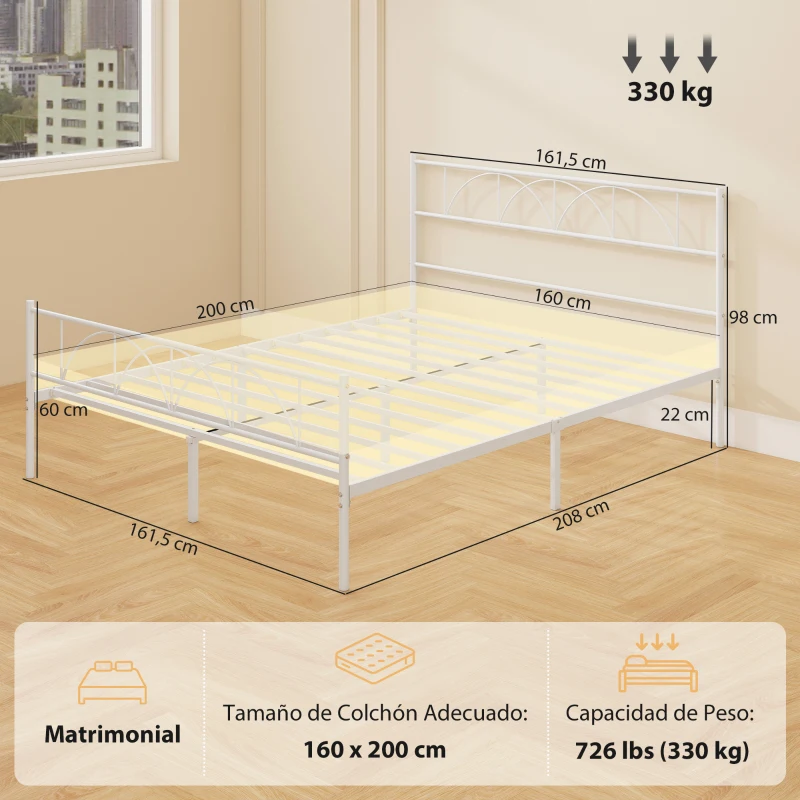 HOMCOM Estructura de Cama 160x200 cm con Cabecero Soporte de Listones de Acero Almacenamiento Bajo la Cama