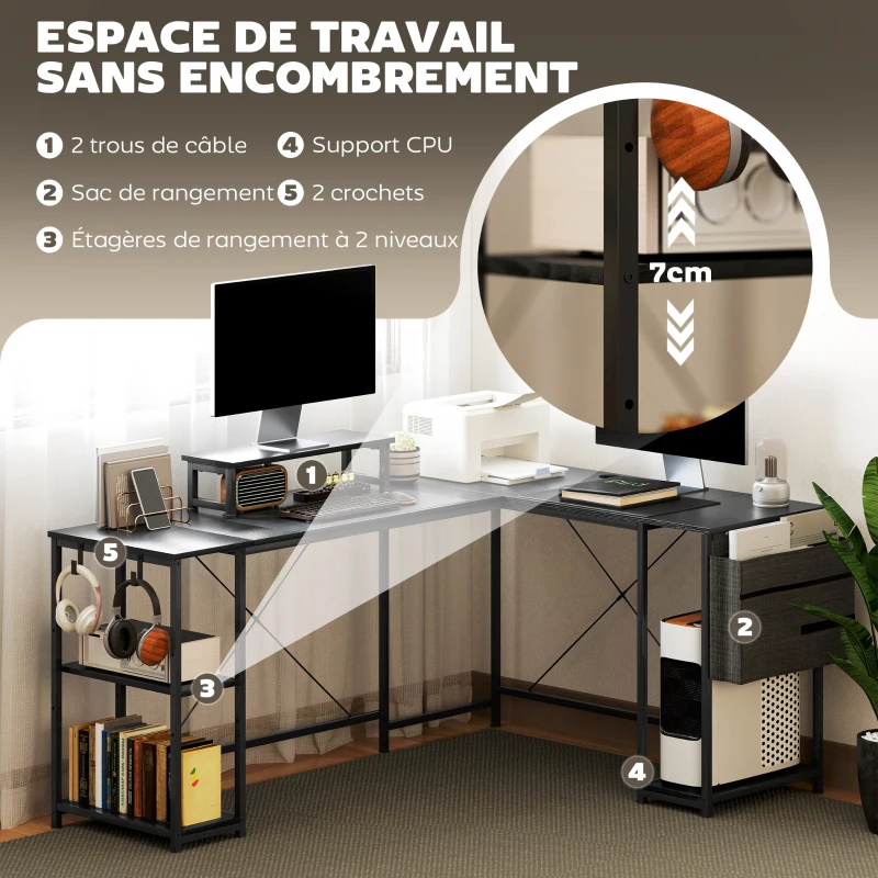 HOMCOM Bureau d'angle modulable réversible 168-240 cm style industriel - étagère réglable, sac de rangement, support d'écran