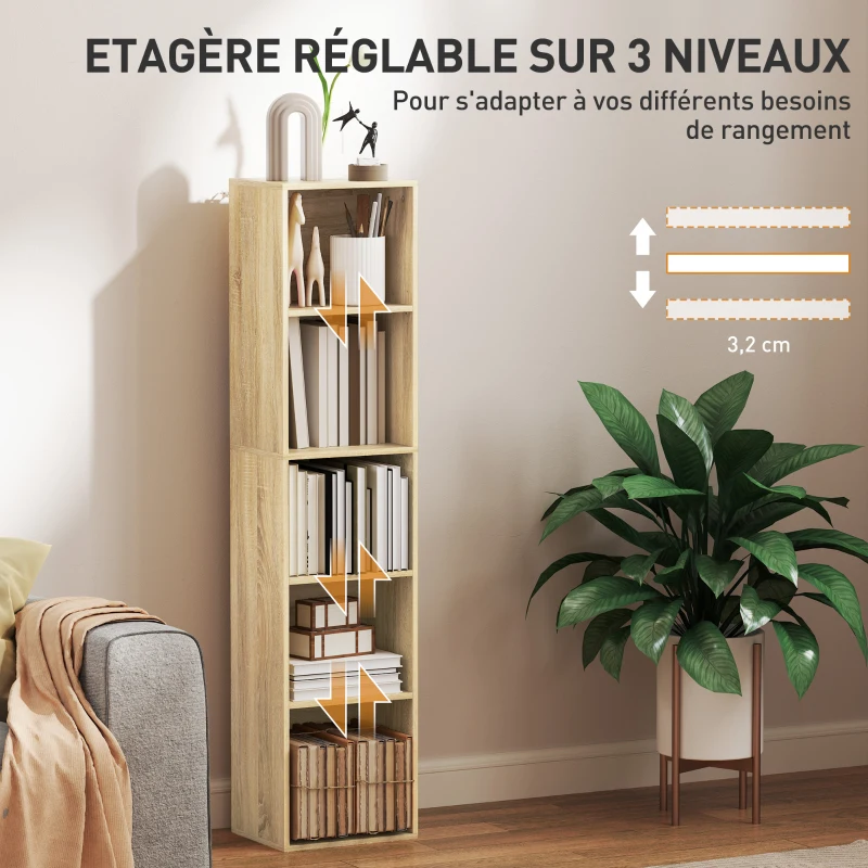 HOMCOM Bibliothèque étagère de rangement 5 niveaux avec étagères réglables pour salon, chambre, bureau, 30x24x133,5cm, naturel