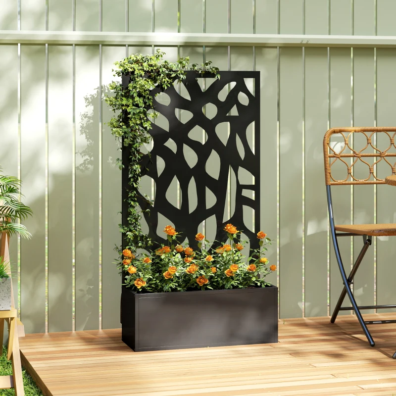 Outsunny Metal Raised Garden Bed with Trellis, Outdoor Planter Box with Privacy Screen, Elevated Garden Box for Climbing Plants