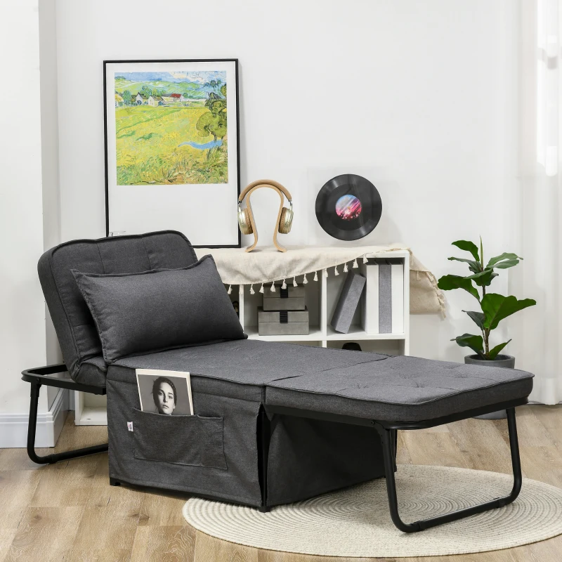 HOMCOM Fabric Sleeper Chair, Folding Chair Bed with Adjustable Backrest, Pillow, Side Pockets for Living Room, Charcoal Grey