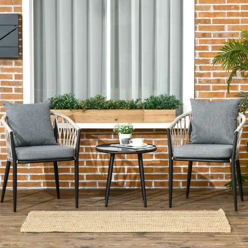 Outsunny Salon de jardin 2 personnes 3 pièces 2 fauteuils avec coussins table basse ronde plateau verre trempé corde tressée gris
