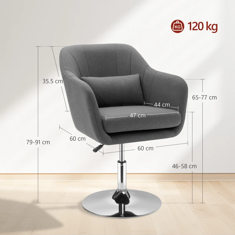 HOMCOM Swivel Accent Chair, Linen Fabric Tub Vanity Chair, Modern Armchair with Adjustable Height and Lumbar Support for Living Room Bedroom Salon Make up Room Dressing Table, Dark Grey