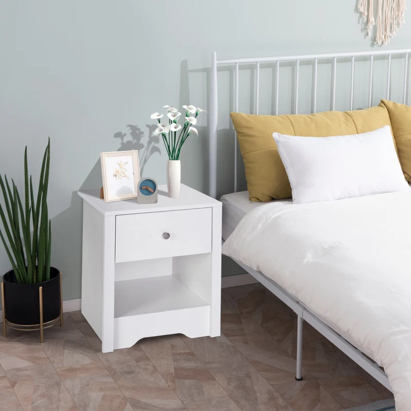 HOMCOM Bedside Table, Nightstand with Drawer and Open Shelf, End Table for Living room, Bedroom, Set of 2, White