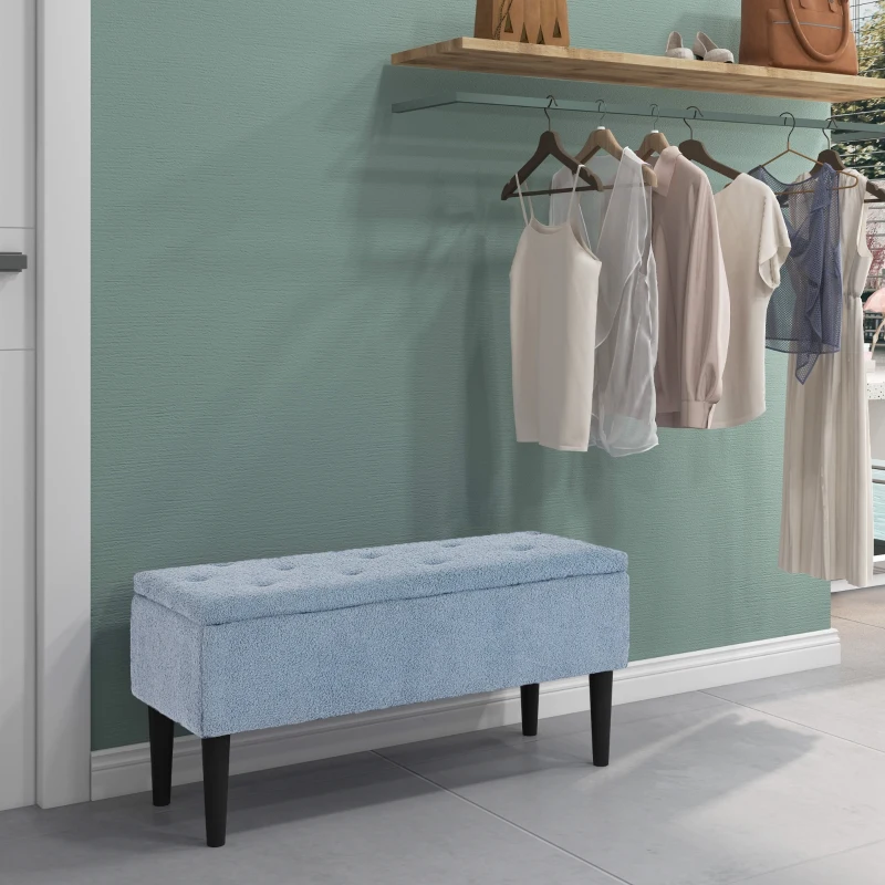 HOMCOM Banc de rangement coffre de rangement revêtement bouclette, pieds en bois de caoutchouc 95 x 38 x 45 cm bleu