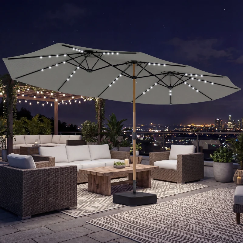 Outsunny Sombrilla Doble de Jardín 4,6x2,6 m con 48 Luces LED Base Incluida Manivela Sacos de Arena Anti-UV Gris Claro