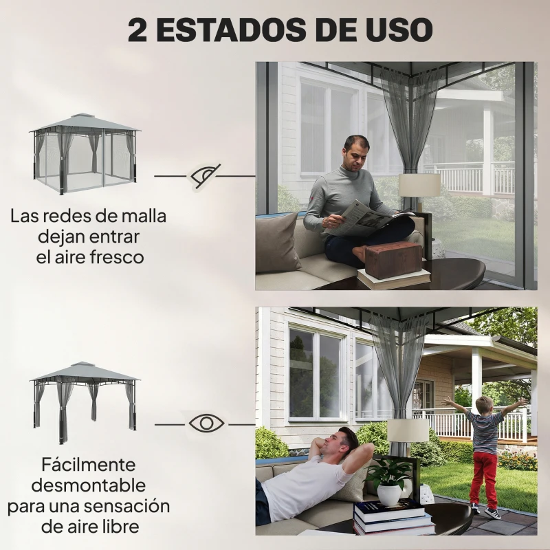 Outsunny Carpa para Jardín con Techo Doble Cenador con Paredes de Malla UPF50+ para Exterior Terraza 360x300x275 cm Gris