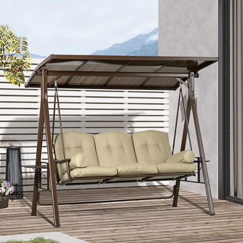 Outsunny Dondolo da Giardino 3 Posti in Acciaio con Tettuccio Inclinabile e Cuscini, 208x120x174 cm
