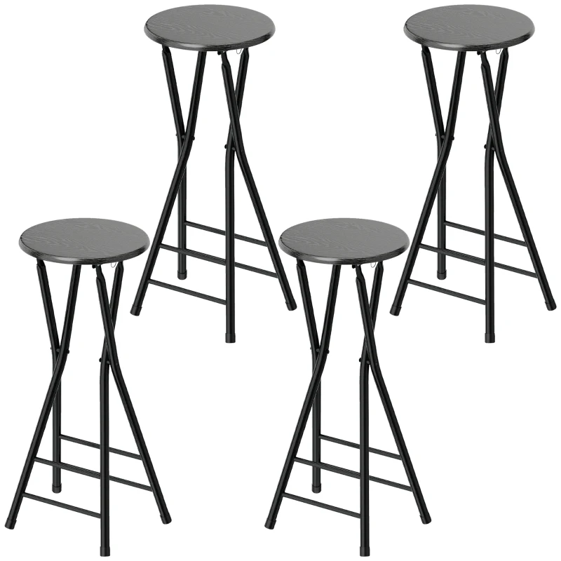 HOMCOM Set 4 Sgabelli Bar Pieghevoli con Doppio Poggiapiedi, in Legno e Acciaio, 34x30x70 cm, Nero