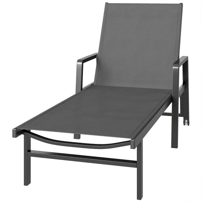 Outsunny Chaise Longue Jardin en Textilène et Aluminium, Réglable à 4 Positions avec Roues et Accoudoirs, 65x189x80cm, Gris Foncé