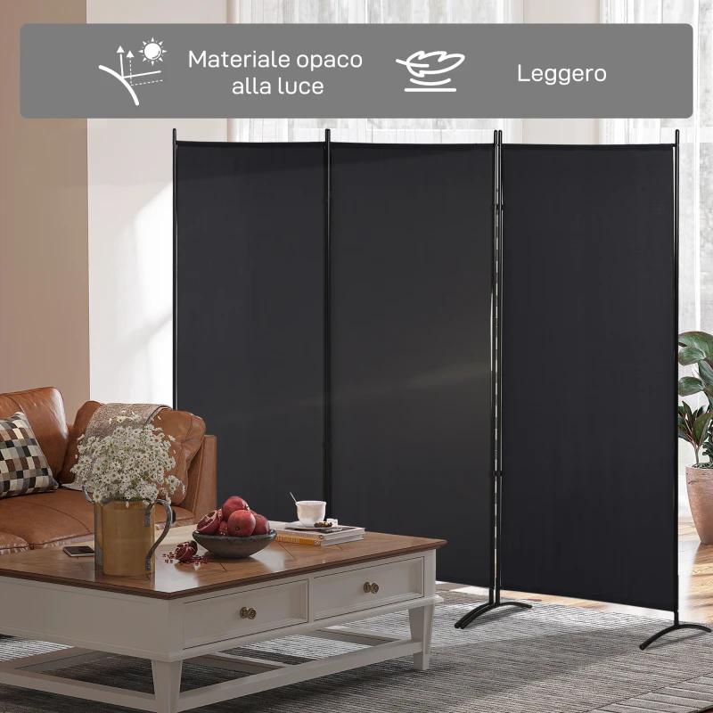 HOMCOM Paravento Separé da Interno a 3 Pannelli Pieghevole in Metallo e Poliestere, 253x50x182 cm, Nero