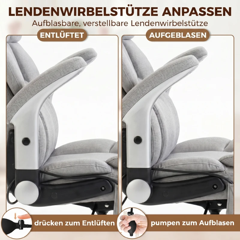HOMCOM Bürostuhl mit Airbag-Lendenstütze, Schreibtischstuhl mit hochklappbaren Armlehnen, Taschenfedern, Hellgrau