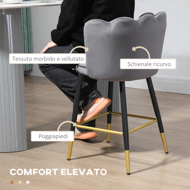 HOMCOM Set da 2 Sgabelli da Bar Vellutati con Poggiapiedi e Base in acciaio, 59x52x90cm, Grigio