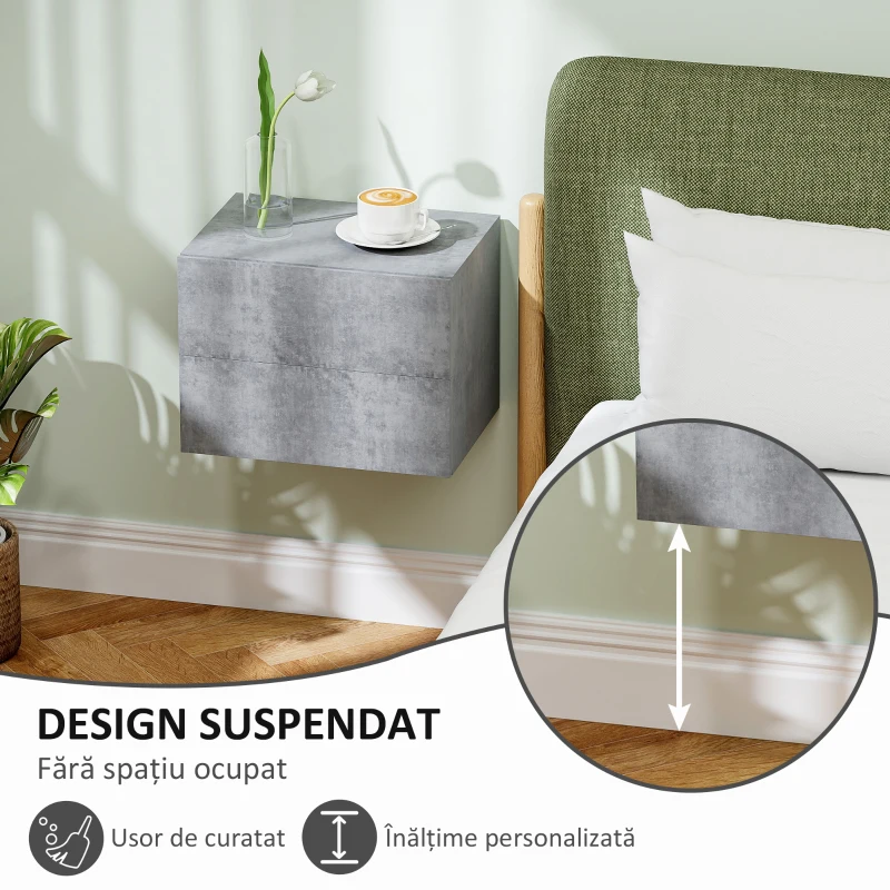 HOMCOM Set de 2 Noptiere Suspendate cu 2 Sertare Moderne și Economisitoare de Spațiu, 40x29x30 cm, Gri Beton(m-4)