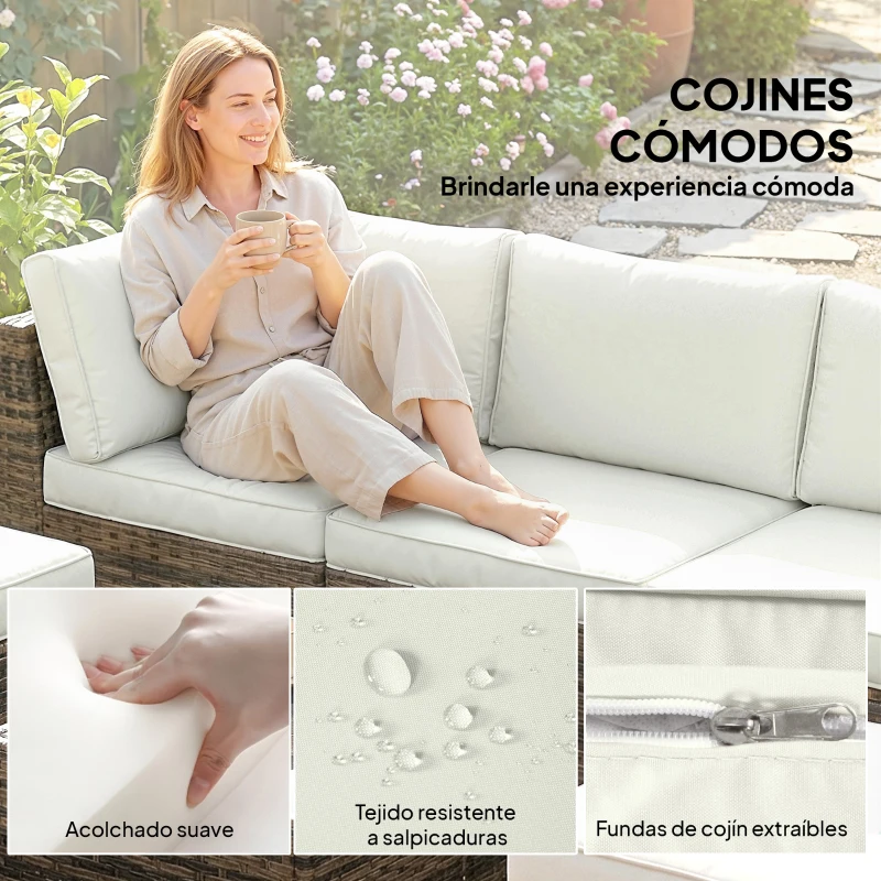 Outsunny Conjunto de Jardín Exterior de Ratán de 6 Piezas con Silla Esquinero 2 Sillas sin Brazos Reposapiés y Mesa Amarillo