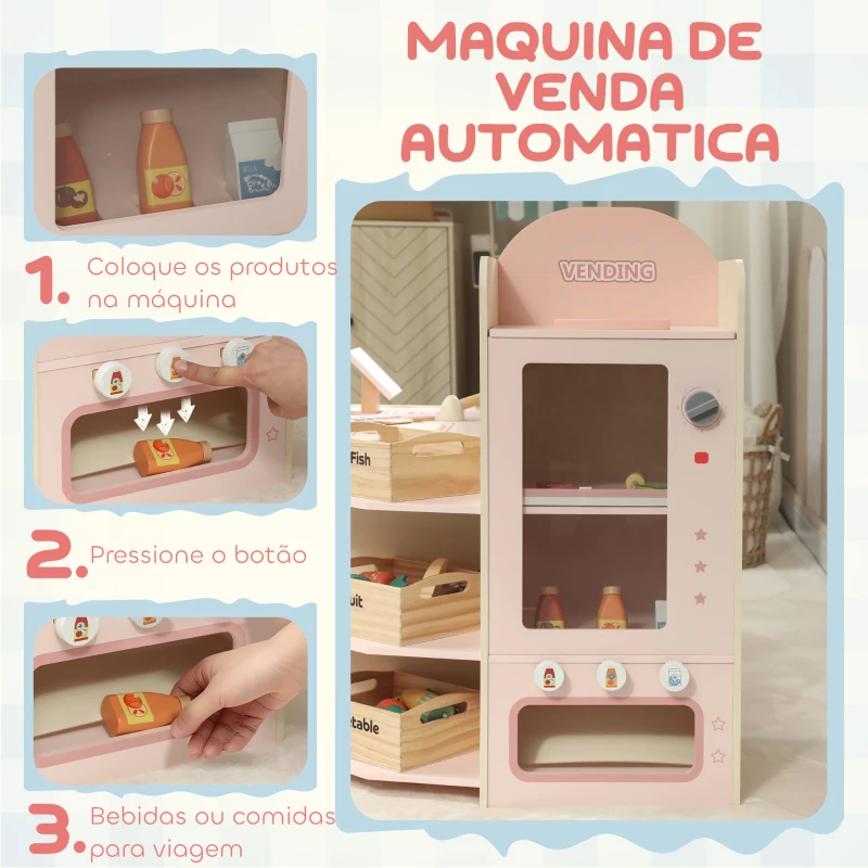 AIYAPLAY Supermercado de Brinquedo em Madeira Loja com Caixa Registadora Máquina de Venda Automática 3 Prateleiras Abertas 4 Compartimentos 90,7x60x73,8 cm Rosa