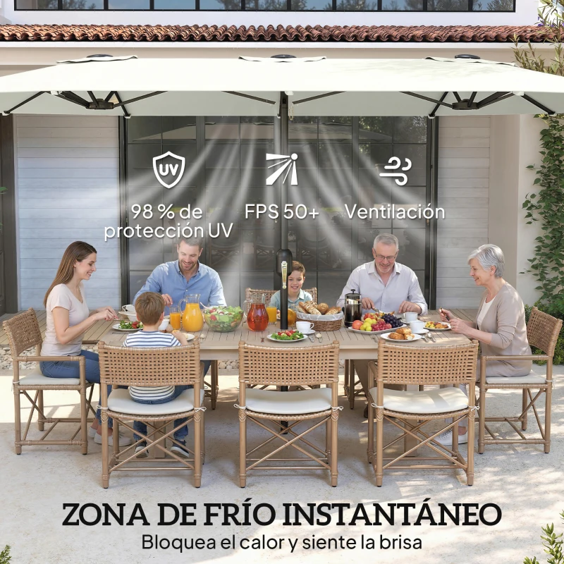 Outsunny Sombrilla Doble de Jardín 4,6x2,6 m con Manivela Manual Protección UV50+ Funda Resistente al Agua Blanco Crema