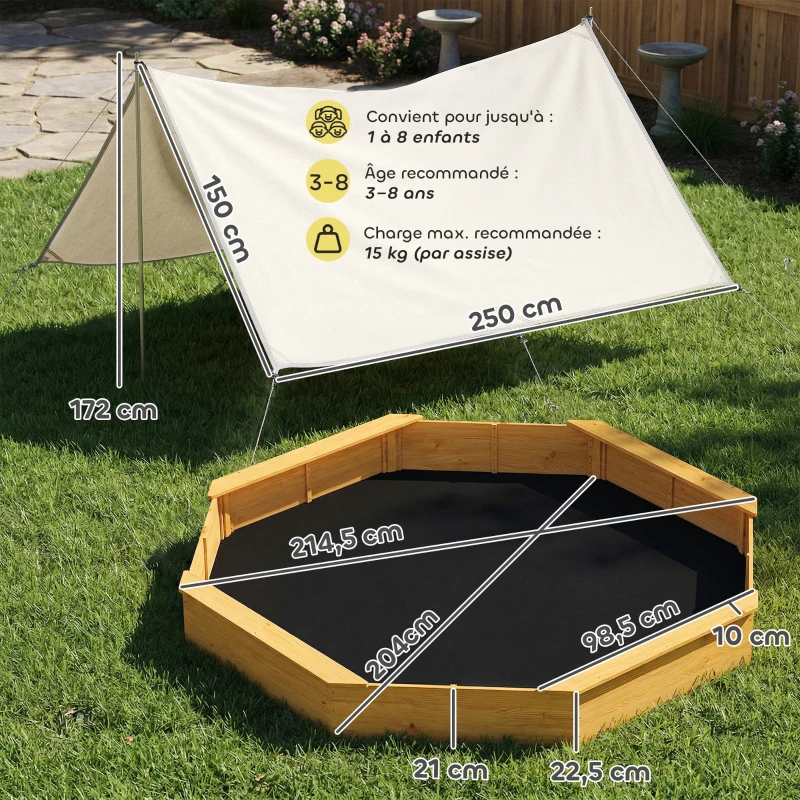 AIYAPLAY Bac à sable en bois avec auvent, bac à sable enfant extérieur avec 4 bancs, doublure de fond, jaune