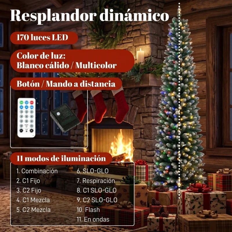 HOMCOM Árbol de Navidad Estrecho Nevado con 170 Luces LED Bicolor 180 cm 351 Ramas Ignífugo 11 Modos Mando a Distancia Verde