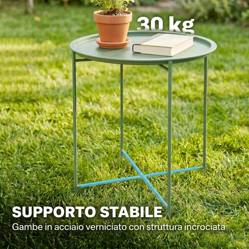 Outsunny Tavolino da Giardino con Vassoio Rimovibile e Gambe Pieghevoli in Acciaio, Ø46x50 cm, Verde