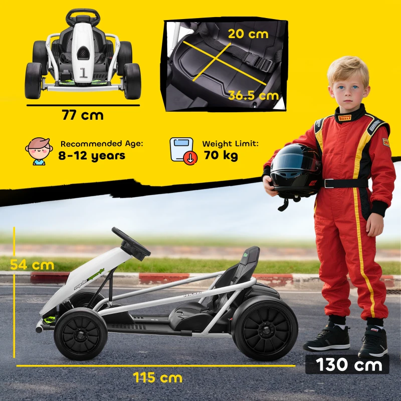 HOMCOM 24 V Elektrische Go-Kart voor Kinderen Tot 13 km/h Gokart met Driftfunctie, Drift-Kart met 2 motoren voor 8–12 jaar Wit