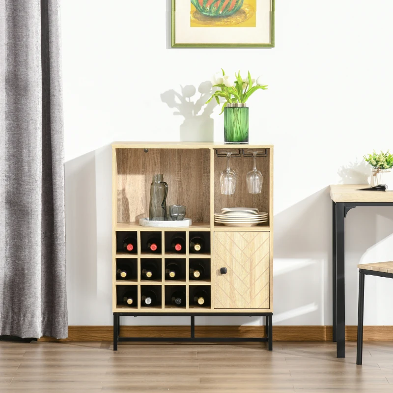 HOMCOM Meuble de rangement style industriel casier à bouteilles support verres à vin niche placard motif chevron métal noir panneaux aspect chêne clair