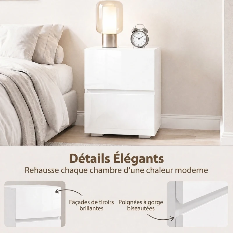 HOMCOM Lot de 2 Tables de Chevet, Tables d'Appoint avec 2 Tiroirs, Façades à Haute Brillance, Plateau Large, 40x40x58cm, Blanc