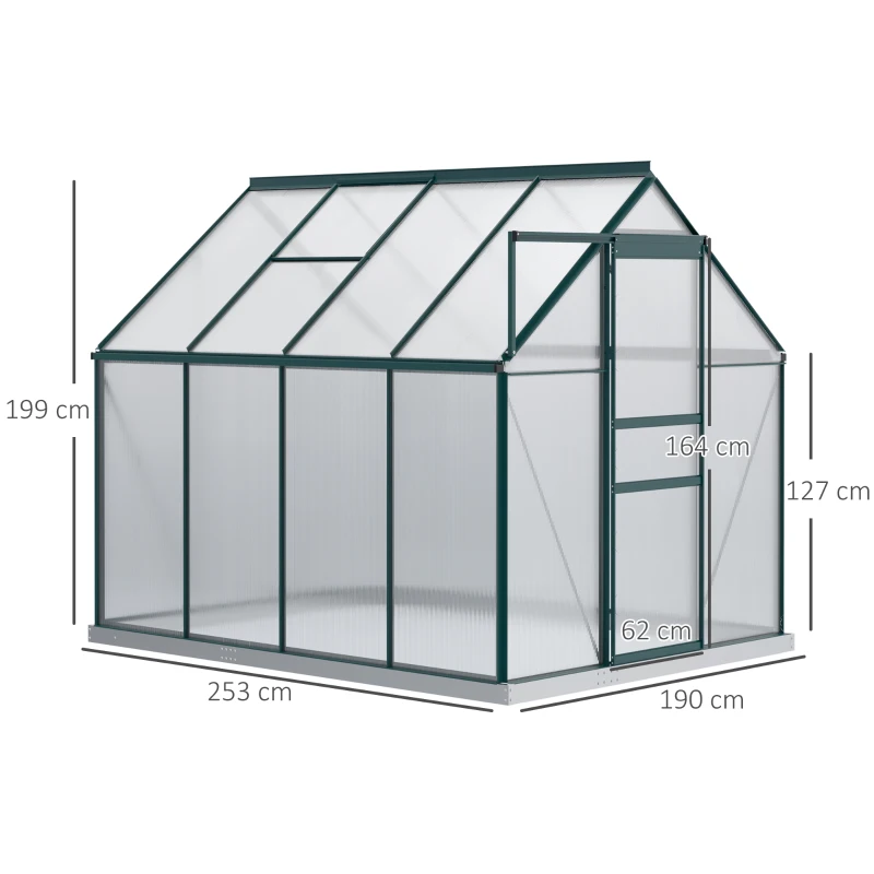 Outsunny Serra da Giardino in Policarbonato, Metallo e Alluminio, Anti-UV e Antivento, 190x253x199cm, Verde