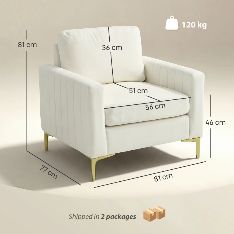 HOMCOM Poltrona de Sala Estofada em Veludo Acolchoamento Espesso Assento Amplo Apoio de Braços Almofada 81x77x81 cm Creme
