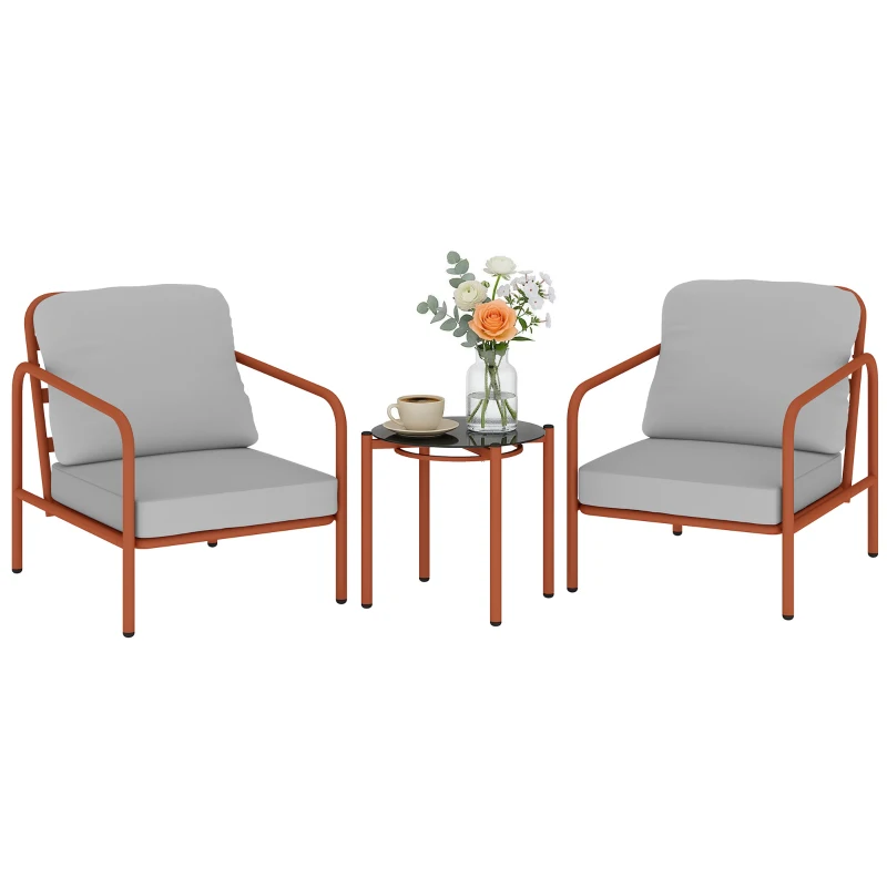 Outsunny Salon de Jardin 3 Pièces, 2 Fauteuils, 1 Table Basse, Coussins Épais, Plateau en Verre Trempé, 63x77x76cm, Rouge Vineux