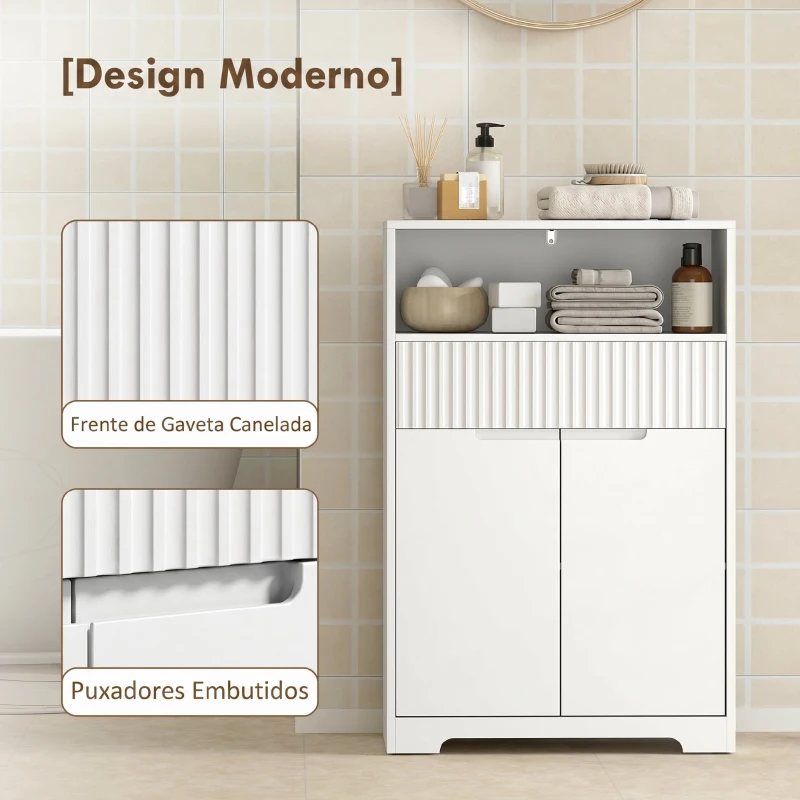 HOMCOM Armário Estreito para Casa de Banho com Gaveta Canelada, Prateleira Aberta e Prateleira Ajustável 60x30x91,5 cm Branco