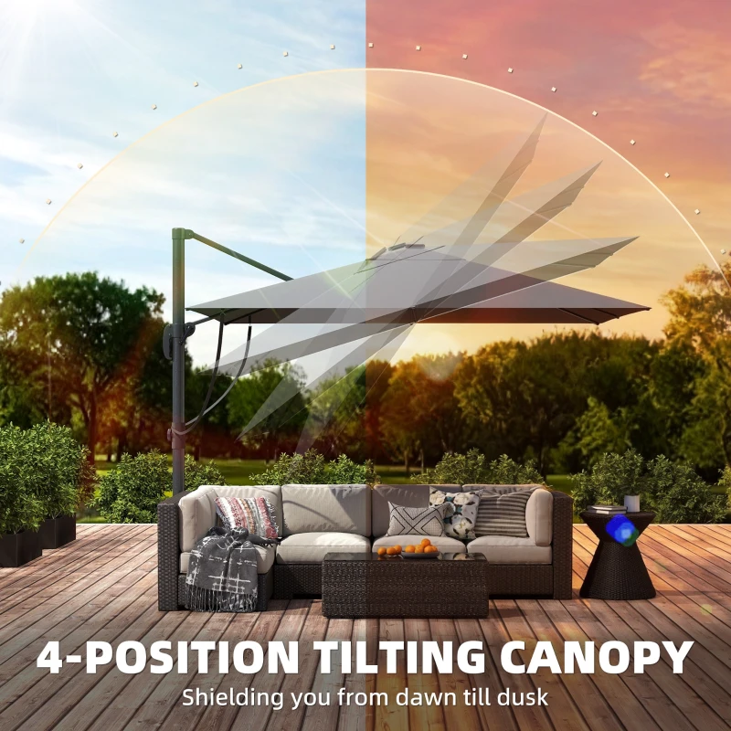 Outsunny 3 x 3 m Garden Cantilever Parasol with Light, Cover, Overhanging Umbrella w/ Wind Protection, 360° Rotation, Light Grey