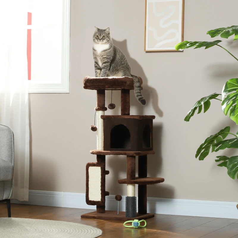 PawHut Arranhador para Gatos Grande Altura 104 cm com Plataformas Postes com Escova Bolas Suspensas e Almofadas para Arranhar Marrom