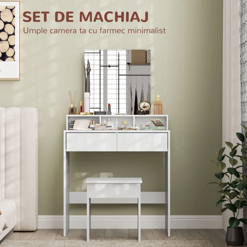 HOMCOM Masă de Machiaj cu Oglindă, 3 Rafturi, 2 Sertare și Scaun, din Lemn, 75x38x135 cm, Alb