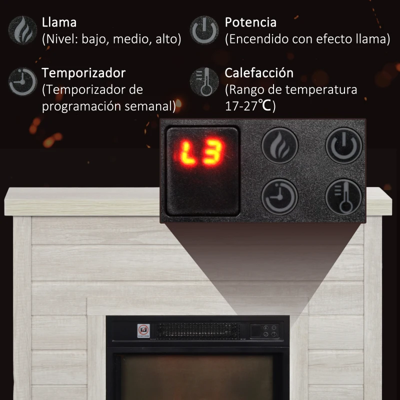 HOMCOM Chimenea Eléctrica 1800W con Efecto de Llama Mando a Distancia Temporizador Semanal para Sala 30 m² Madera Clara