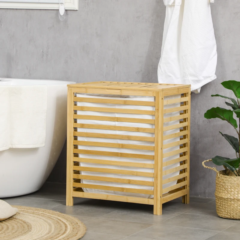 HOMCOM Cesto Portabiancheria a Doghe in Bambù e Poliestere con Coperchio e Sacca Rimovibile, 50x36x60 cm